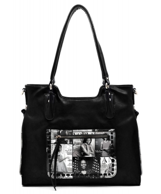 Magazine Cover Collage Whipstitch Pocket Satchel OD2740 BLACK